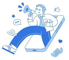 Man jumping off smartphone and speaking into megaphone