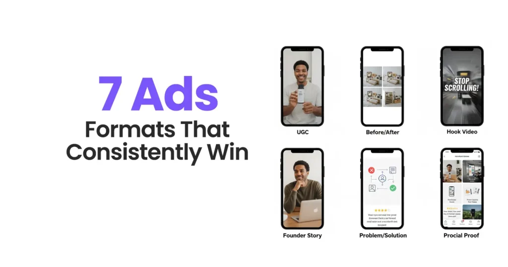 7 Highest-engaging Facebook Ads Formats That Consistently Win
UGC Testimonial Video
Before/After Transformation Ad
Short-form Hook Style Video (TikTok Style)
Founder Story Ad
Problem Solution Explainer
Carousel Product Demo
Retargeting Social Proof Ad