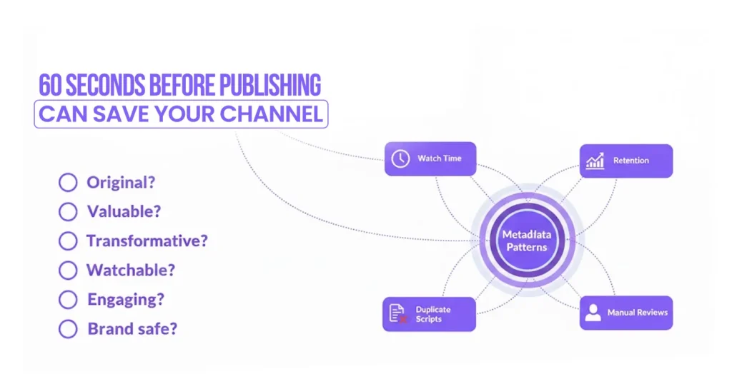 60 Seconds Before Publishing Can Save Your Channel
Original?
Valuable?
Transformative?
Watchable?
Engaging?
Brand safe?

