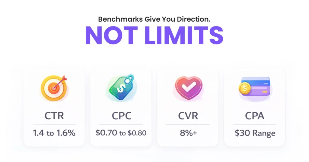 Benchmarks Give You Direction. Not Limits
CTR → 1.4 to 1.6%
CPC → $0.70 to $0.80
CVR → 8%+
CPA → $30 Range
