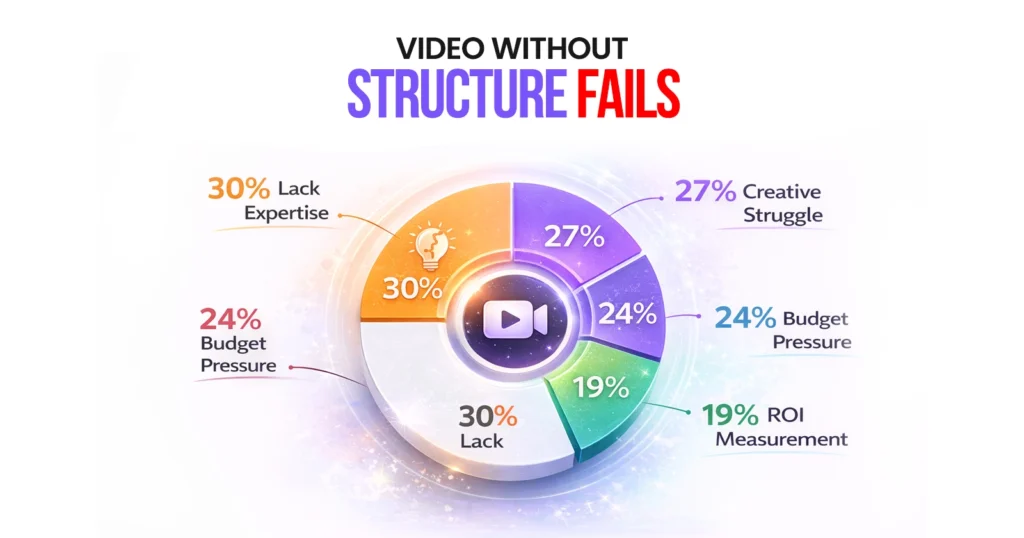 Video Without Structure Fails
30% Lack Expertise
27% Creative Struggle
24% Budget Pressure
19% ROI Measurement
