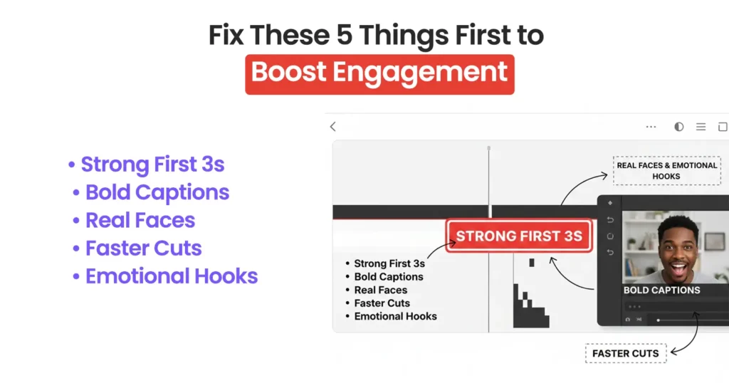 Fix These 5 Things First to Boost Facebook Ads Engagement
• Strong First 3s
 • Bold Captions
 • Real Faces
 • Faster Cuts
 • Emotional Hooks