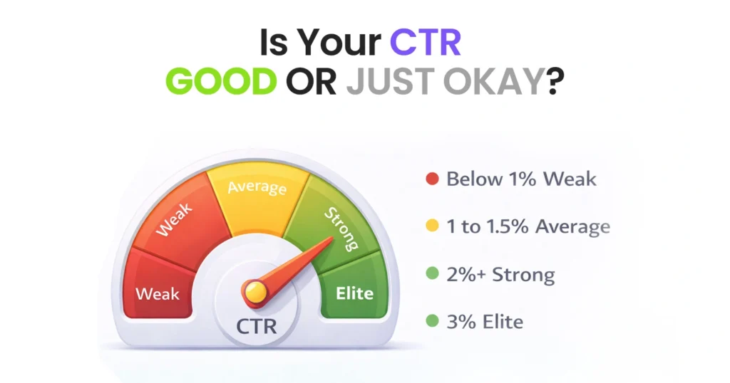 Is Your CTR Good or Just Okay?


 • Below 1% Weak
 • 1 to 1.5% Average
 • 2%+ Strong
 • 3% Elite