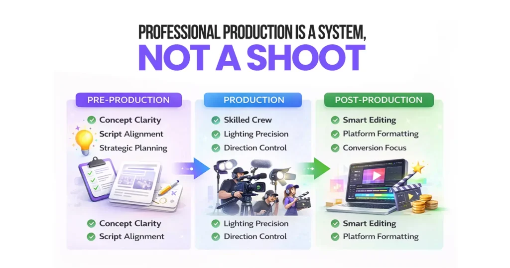 Professional Production Is a System, Not a Shoot
Pre-Production
Concept Clarity
Script Alignment
Strategic Planning


Production
Skilled Crew
Lighting Precision
Direction Control


Post-Production
Smart Editing
Platform Formatting
Conversion Focus
