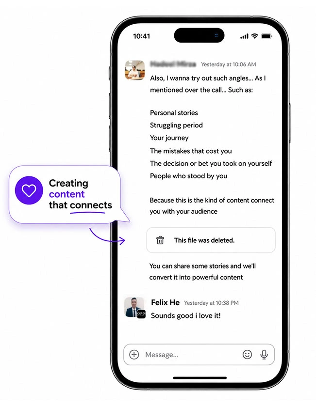 Smartphone screenshot of a messaging conversation about creating authentic content that connects with audiences. A purple speech bubble highlights "Creating content that connects" with a heart icon.