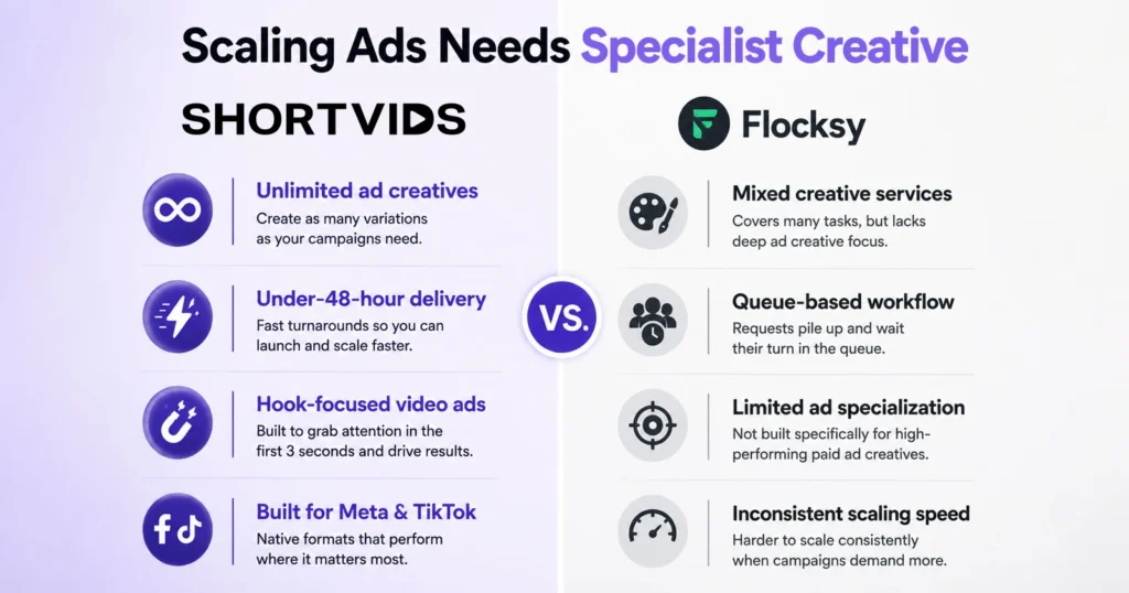 Scaling Ads Needs Specialist CreativeShortVids Logo
Unlimited ad creatives
Under-48-hour delivery
Hook-focused video ads
Built for Meta & TikTok
Flocksy Logo
Mixed creative services
Queue-based workflow
Limited ad specialization
Inconsistent scaling speed
