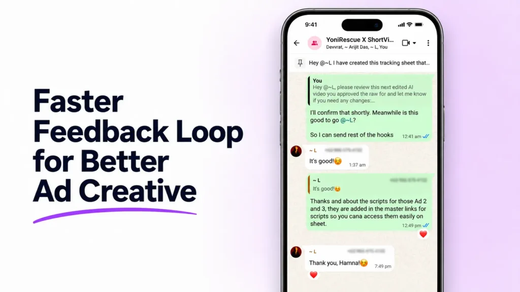 WhatsApp screenshot showing ShortVids' faster feedback loop with Yoni Rescue for quick ad creative approvals