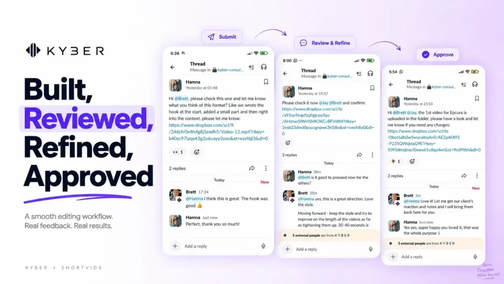 Slack screenshots showing Kyber and ShortVids' submit, review, and approval workflow for video edits