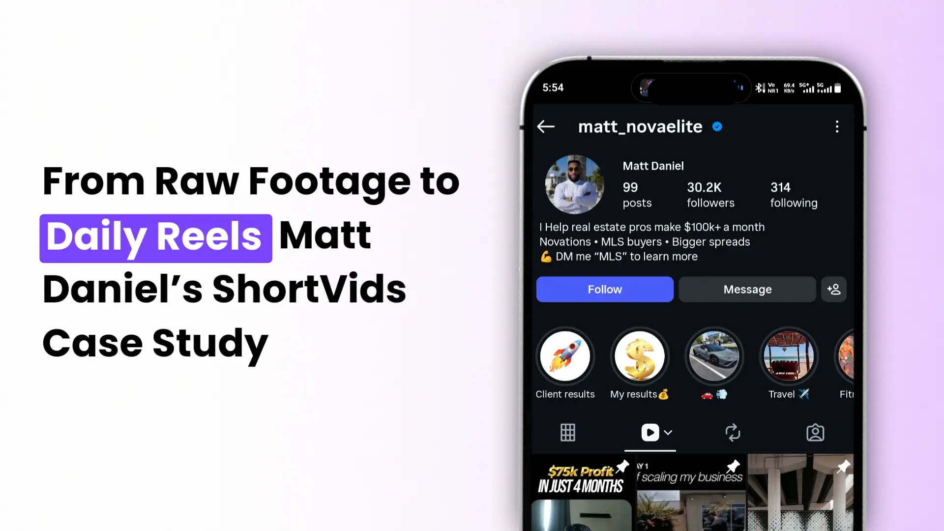 Matt Daniel's Instagram profile matt_novaelite showing 30.2K followers, featured in ShortVids' daily Reels case study